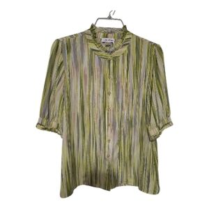 Ellen Tracy Green Striped Ruffle-Neck Button Blouse